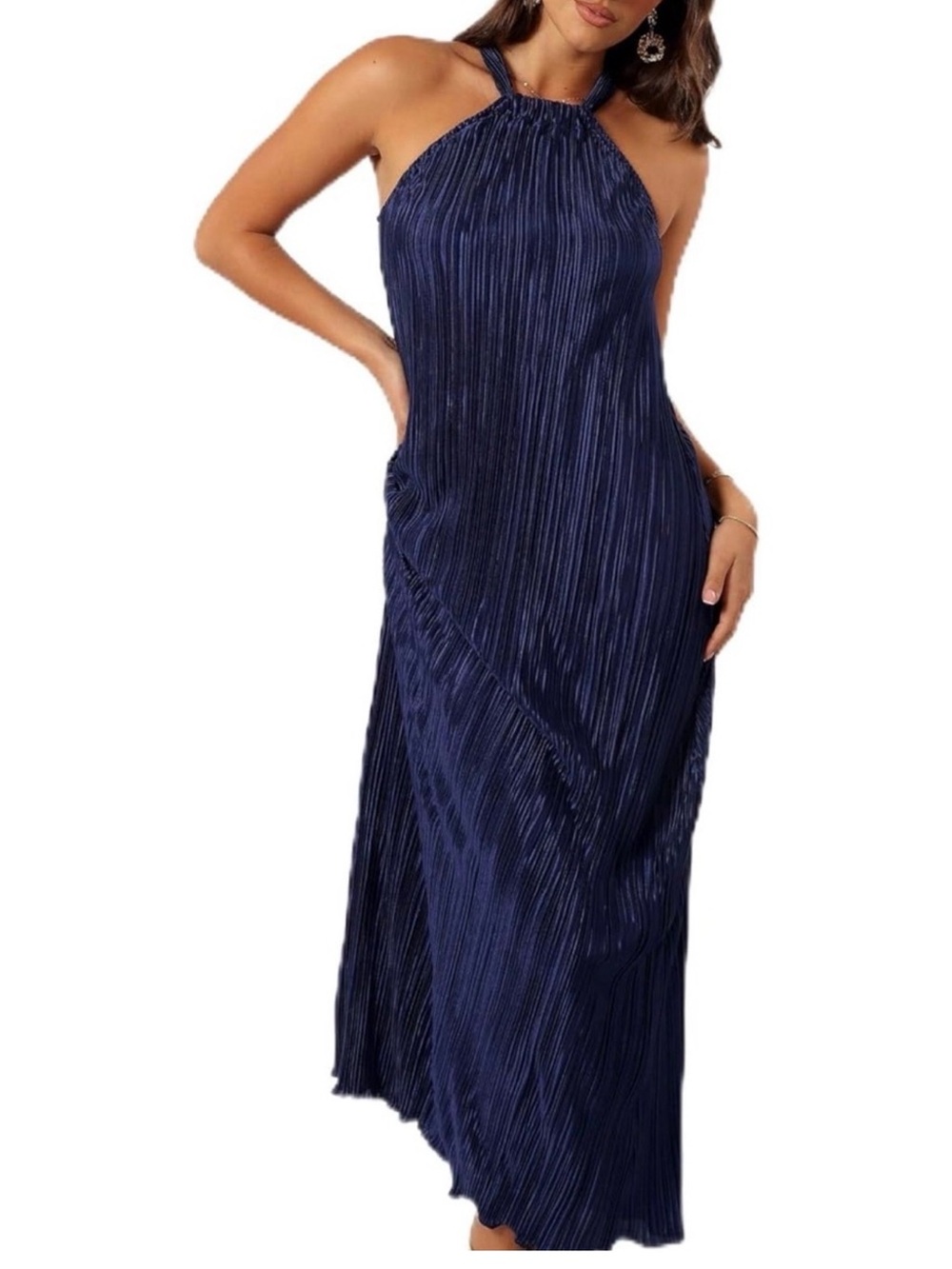 NWOT Petal and Pup Navy Blue Halter Pleated Maxi Dress